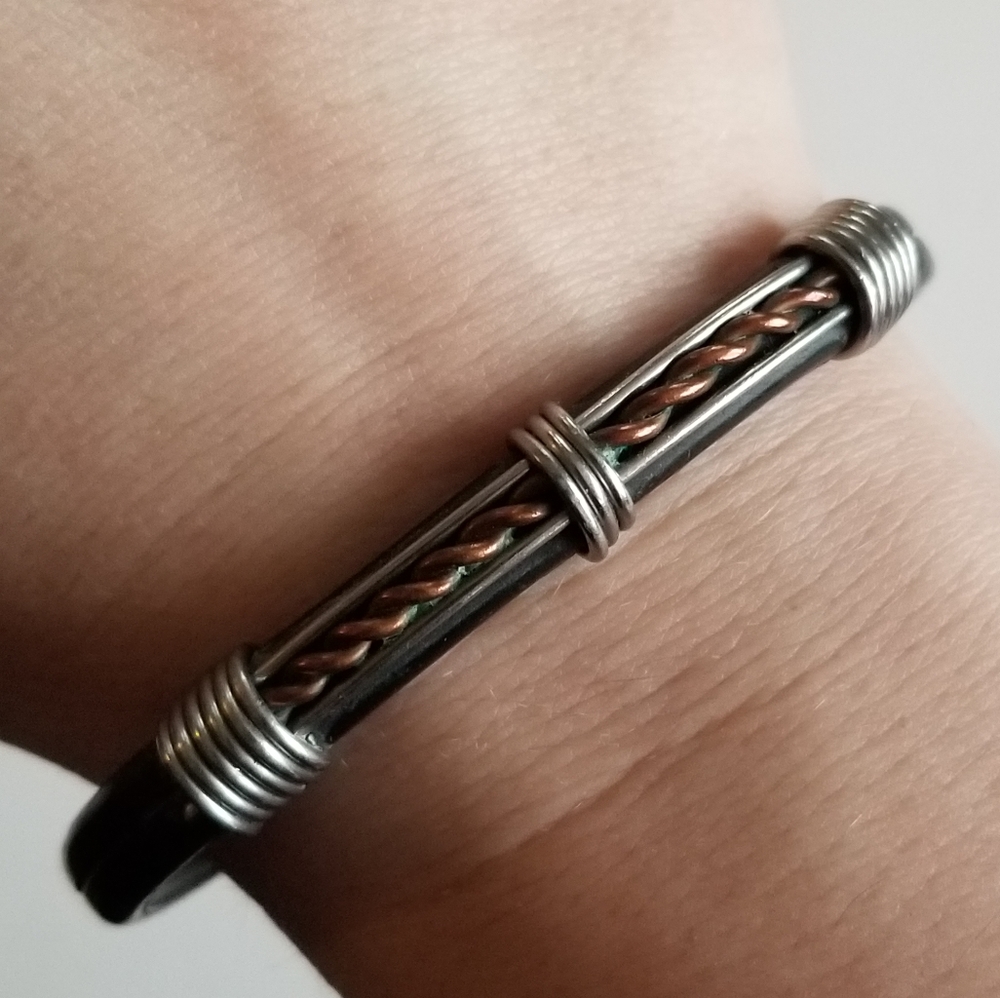 Leather and metal bracelet black copper silver tone